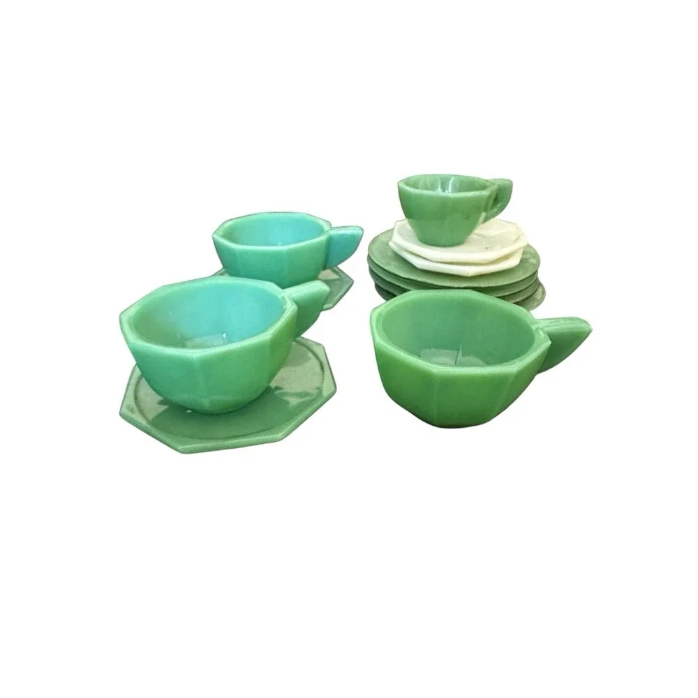 Vintage Jadeite Akro Agate JP Octagonal Child's Tea Set Accessories Cup Plate 12